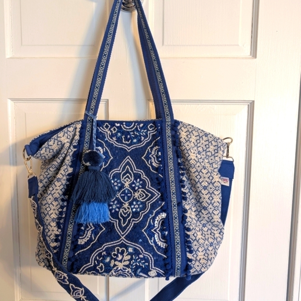 America & Beyond Hand Beaded Boho Blue Bandana Pattern Tote Bag